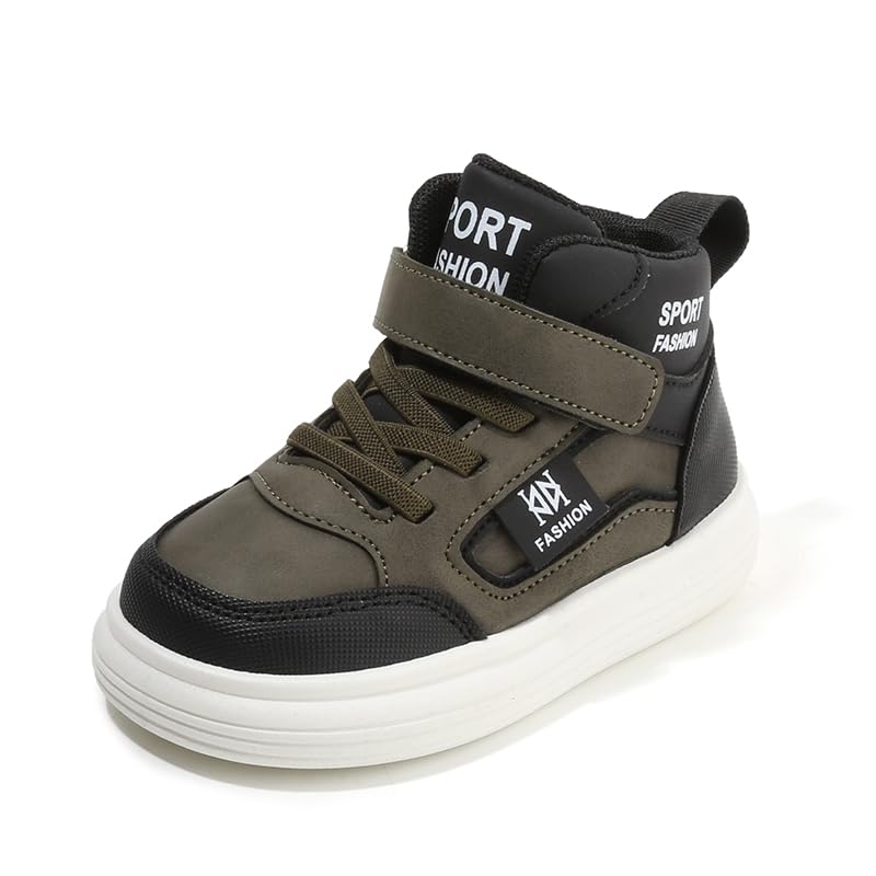 Kids High-Top Fashion Sneakers, Athletic Sports Shoes with Hook and Loop, Black/White