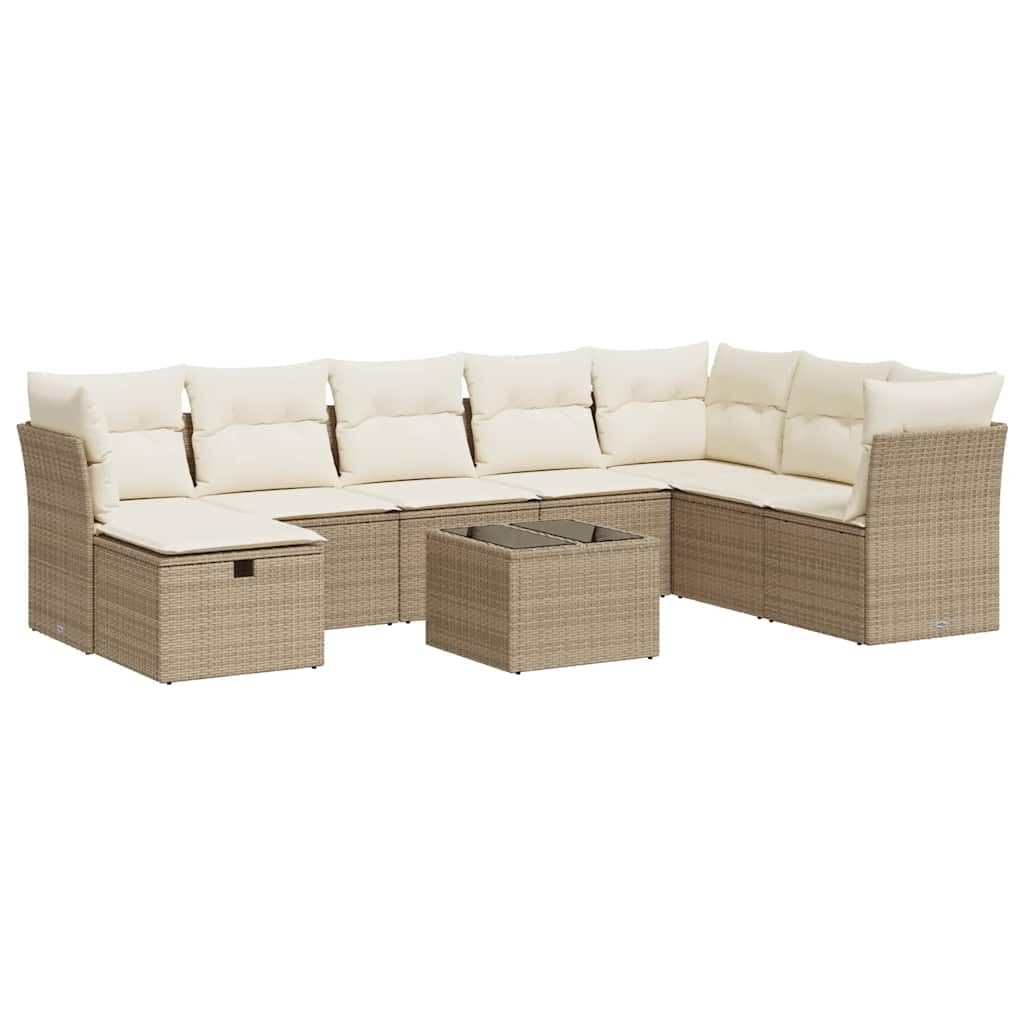 Juego de muebles de jardín de 9 piezas con cojines, color beige, ratán sintético, modular con espacio de almacenamiento impermeable y fundas lavables extraíbles, ideal para terraza y patio.