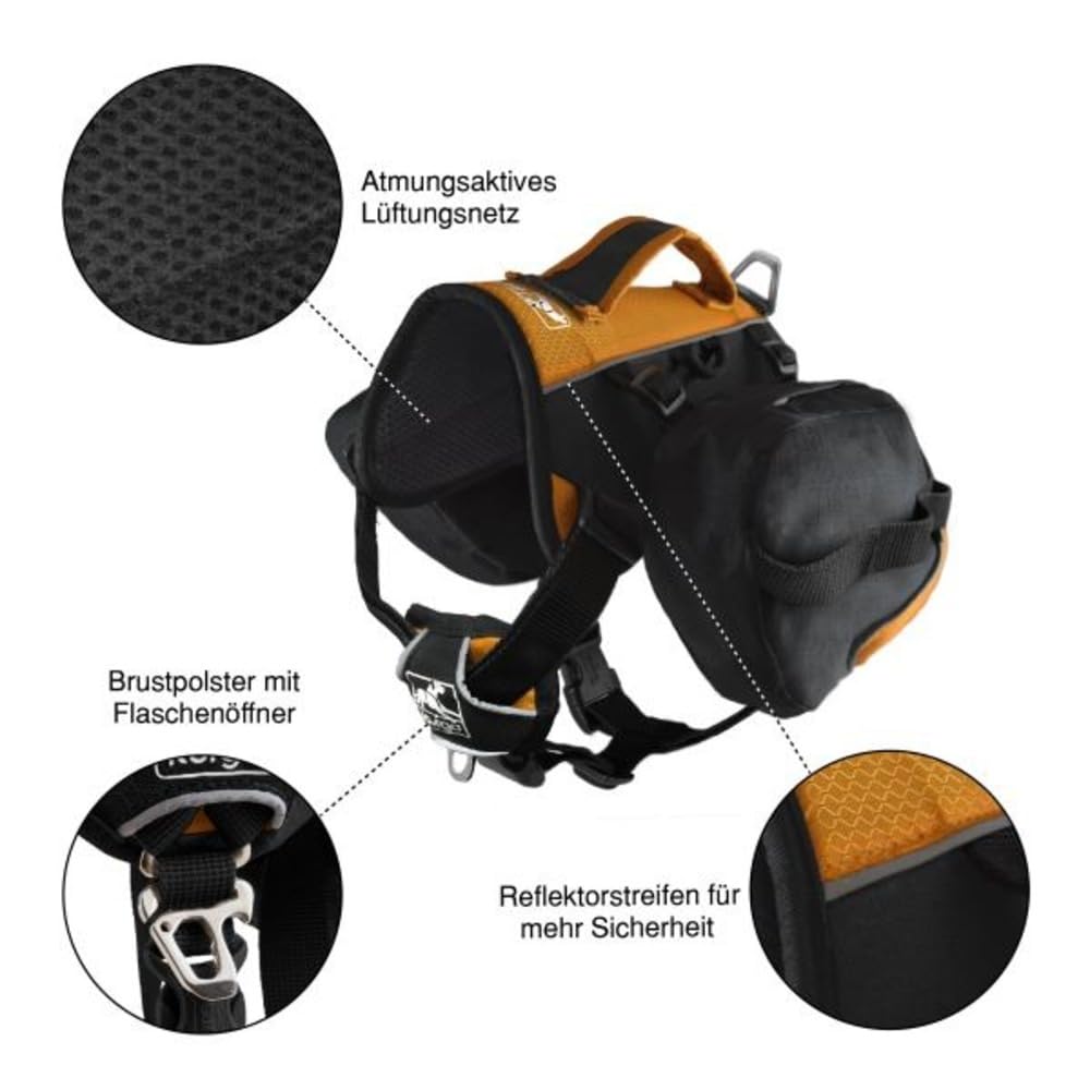 Kurgo Baxter Hunderucksack mit Geschirr - Abenteuer Rucksack - Ergonomische Rückenstütze - Ausbalanciertes Design - Langlebiger Wanderrucksack, Hundezubehör - Baxter (13-39 kg) - Schwarz/Orange