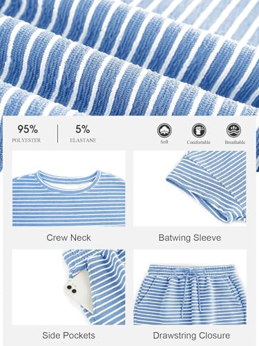 Image of Tankaneo Womens Pajama Sets Striped 2 Piece Lounge Sets Short Sleeve Oversized T Shirts Drawstring Shorts Matching Set