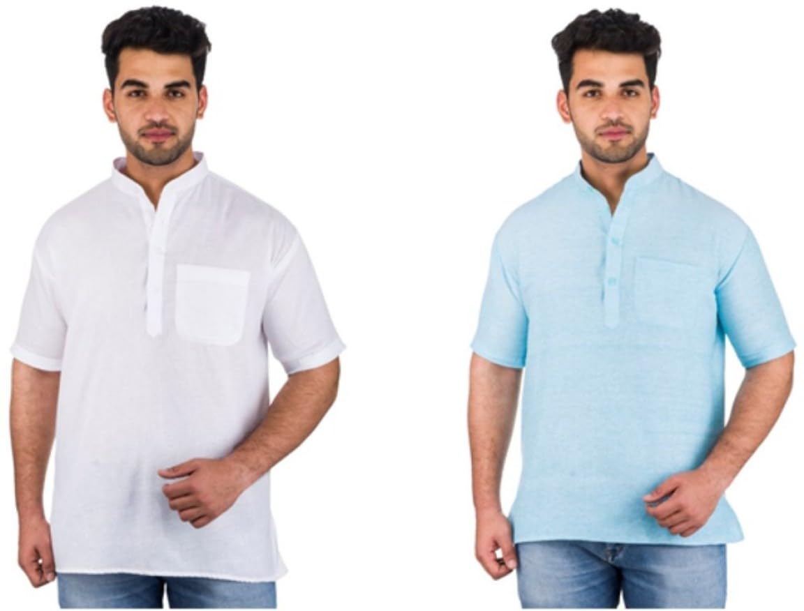 deshbandhu dbk Men's Cotton Short Kurta Without Pant | Mandarin Neck Short Kurta | Half Sleeve Casual Kurta | Traditional Ethnic Regular Kurta | Solid Plain Kurta for Men's - Combo (Pack of 2)-picture-15