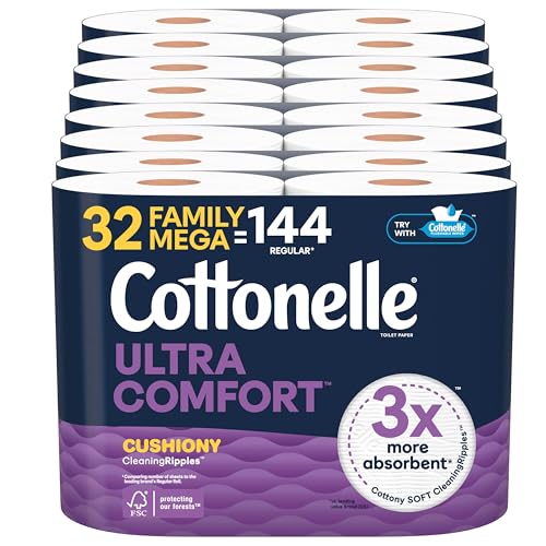 Cottonelle Ultra Comfort Toilet Paper with Cushiony CleaningRipples Texture, 32 Family Mega Rolls = 144 Regular Rolls (8 Packs of 4)