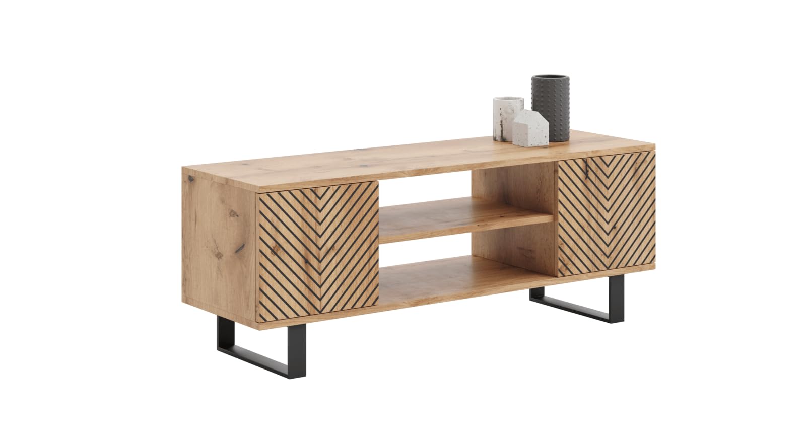 Kobi Meuble TV Focus chêne doré, 135x49x40, décor Chevron Noir, Meuble TV, loft, Pieds métal Noir
