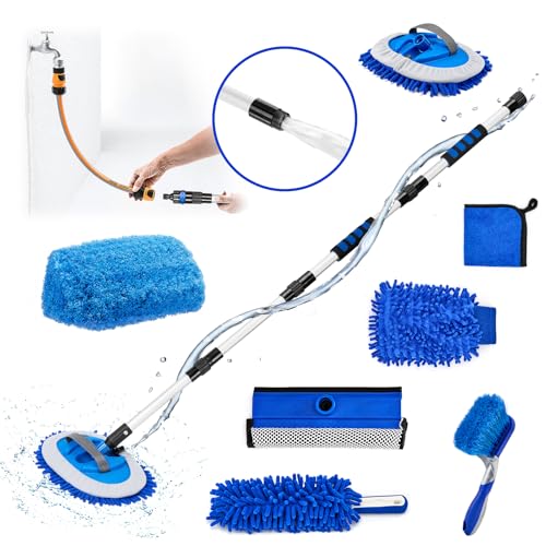 Farafox Car Cleaning Kit 62 Car Wash Brush with Long Handle Complete Car Cleaning Brush Kit Microfiber Cleaning Head & Extra-Thick Aluminum Extension Pole for Car Truck SUV RV