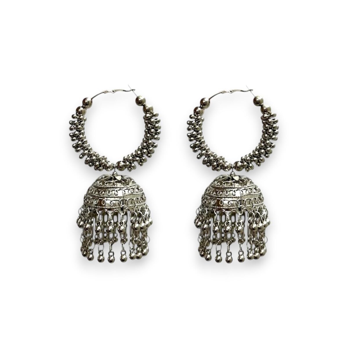 accessher Silver Plated Stone Studded Boho Style Semi Circle Oxidized Dangle Earrings with Pearl Drops for Women and Girls Pack of 1-picture-44