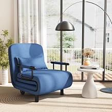 Moccha Folding Convertible Sofa Bed, Arm Chair with 5-Position Adjustable Backrest, Pillow, Support Metal Legs & Lockable Wheels, Modern Sleeper Bed Chaise Lounge for Home Office Living Room, Blue