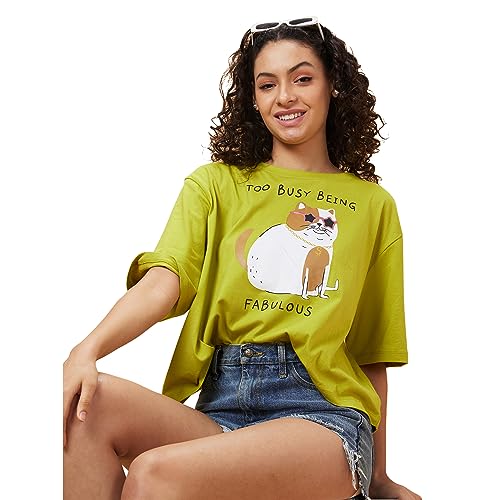 Image of Globus Women Green Printed Oversized T-Shirt-3638147001
