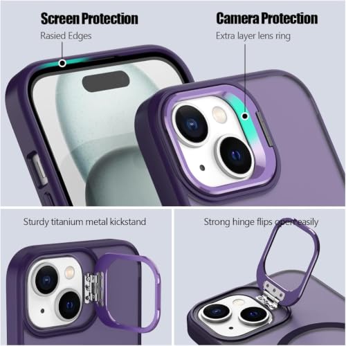 Image of Elzzi Kickstand Case for iPhone 15 Case Compatible with MagSafe, Built-in Adjustable Camera Guard Stand, Translucent Matte Anti-Fingerprint Heavy Duty Shockproof Phone Cover - Deep Purple