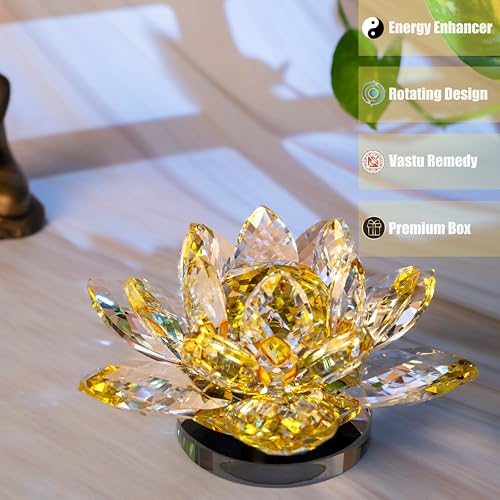 Image of Feng Shui Crystal Lotus Flower Showpiece & Paper Weight | Vastu Decor for Home & Office | Desk Decoration | Feng Shui Items for Good Luck, Wealth & Gifting | Yellow (Large-12.5 x 6.5 CM)