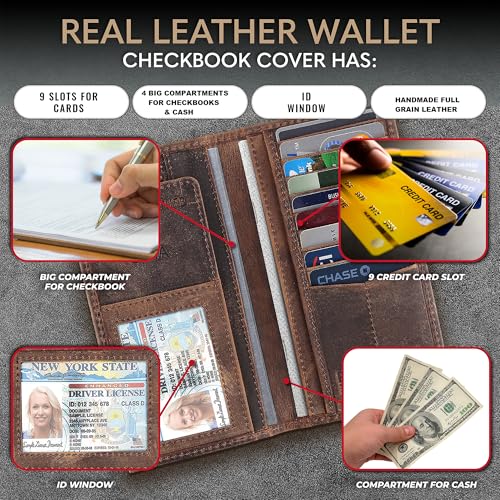 F&L CLASSIC Men's RFID Vintage Look Genuine Leather Long Bifold Wallet Checkbook Wallets,buffalo vintage leather3