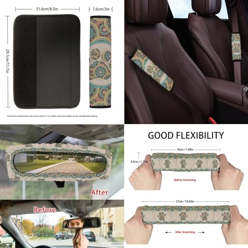 Suobstales Boho Mandala Dog Paw Print 13 Pack Car Seat Covers Full Set Seat Cover Protector with Steering Wheel Cover + Seat Belt Covers + Car Trash Can + Rearview Mirror Cover + Coasters + Keychains by Suobstales - Used condition - Image 3