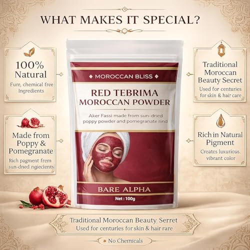 Image of Moroccan Nila Powder For Face - 100% Natural Blue Powder for Skin Brightening, Tan Removal & Detox | Traditional Moroccan Hammam Beauty Treatment For Face & Body Care (Red - 50gm)