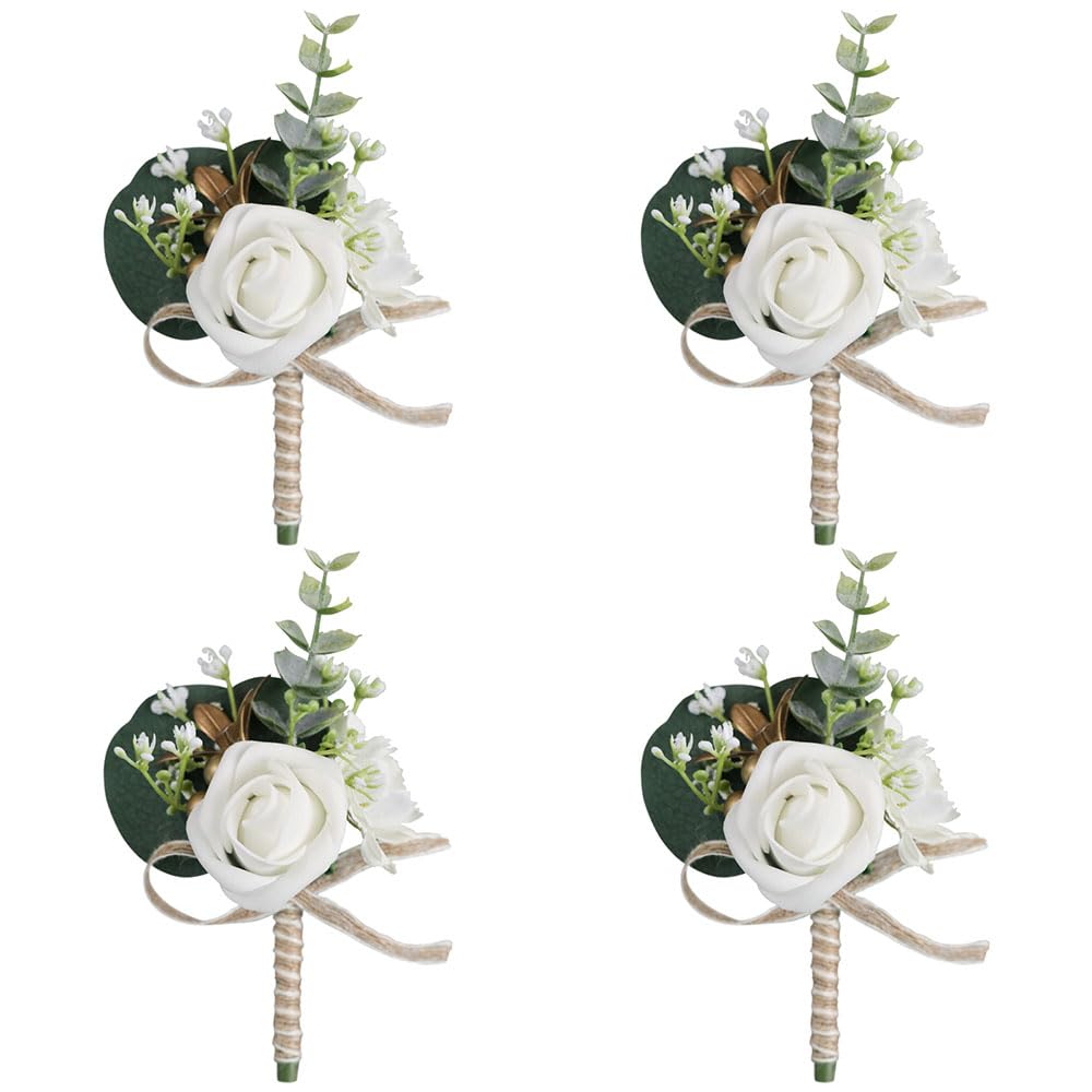Huilimei 4PCS Artificial Men's Rose Boutonniere,Buttonhole Flowers with Pin and Clip Artificial Wedding Flower Bridal Bridesmaid White Corsage for Wedding,Party,Prom Suit Dress Decor - Image 2