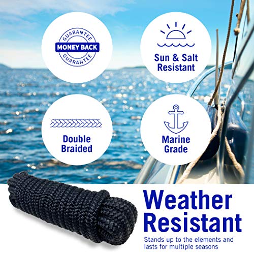 Image of Dock Lines for Boats 3 /8 inch x 15ft, 4 Pack Double Braided Nylon Boat Rope | 12 inch Loop, Marine Grade Mooring Line for Docking, Black, Better Boat