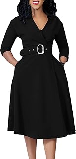 Women’s 3/4 Sleeve Flared A Line Dress Wedding Guest Casual Semi Formal Office Lady Dresses with Belt