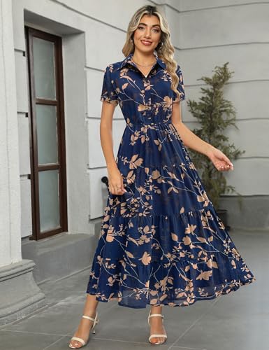 Image of Kranda Women 2026 Summer Collared V Neck Short Sleeve Button Down Chiffon Long Tiered Floral Maxi Dress with Pockets