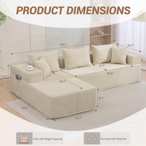 Image of 105'' Modular L-Shaped Boneless Sectional, Corduroy Deep Seat Cloud Sectional Couch, Small Space Sofa for Apartment Living Room Bedroom, No Assembly, Beige