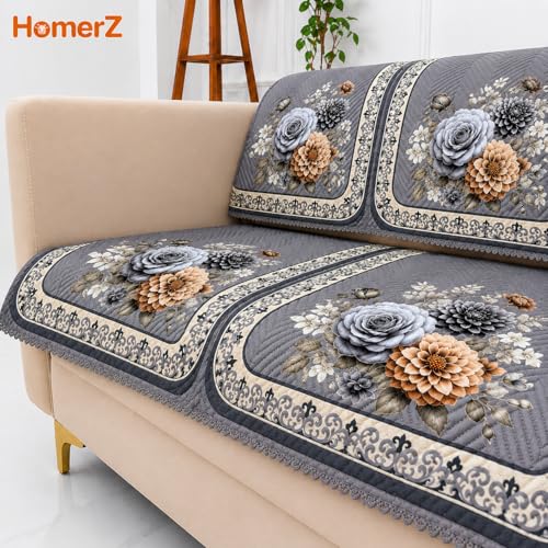 Image of Homerz 'Brooklyn Series' Premium Sofa Cover | Quilted Floral Design | Non-Slip Washable Sofa Protector | Soft Anti Slip Fabric (Grey, 5 (3+2) Seater, Seat Cover with Backrest)