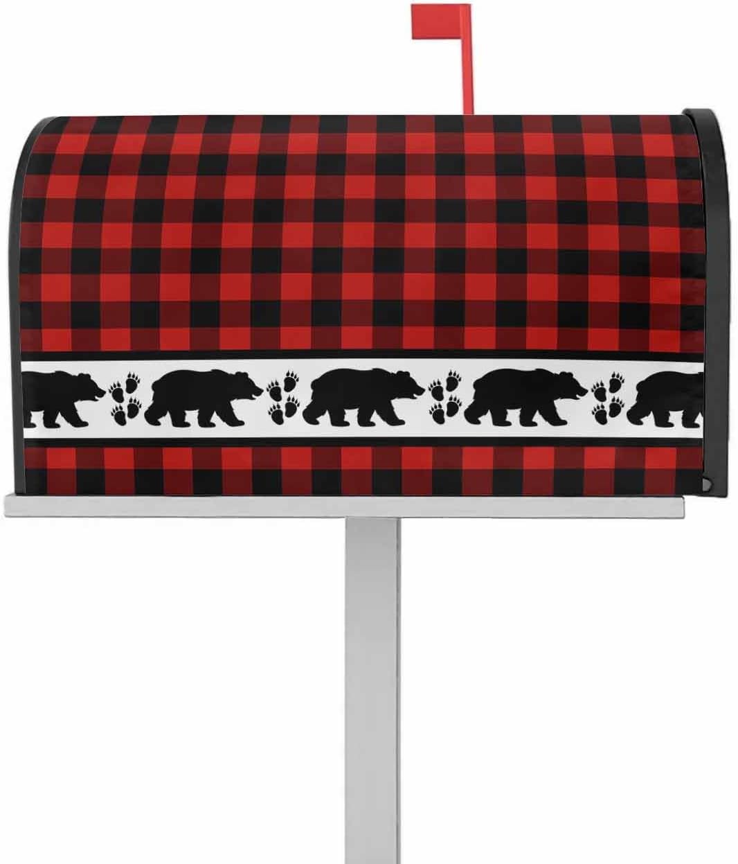 Magnetic Mailbox Cover Red and Black Buffalo Plaid with Forest Bear Footprints Standard Size Removable Welcome Post Letter Box Cover Waterproof Garden Yard Outdoor Decoration