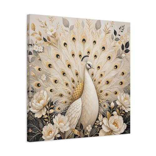 Tableau Paon Blanc et Or de qualité supérieure châssis 3cm