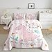 Castle Fairy Pink Dino Full Size Comforter Set,Kawaii Cute Dinosaur Princess Bedding Comforters Bedroom Collection,Cartoon Animal Girly Heart Stripes Bedding Set for Girls Teens