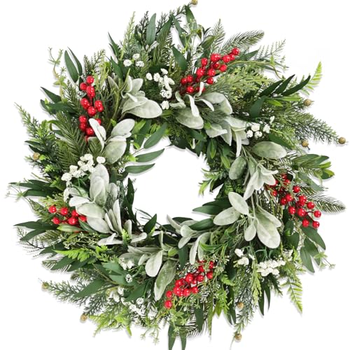 22" Realistic Christmas Wreath with Red Berries, Winter Eucalyptus Artificial Faux Evergreen Wreath Greenery Decoration for Front Door Window Home Wall Farmhouse Holiday Outdoor Indoor Décor