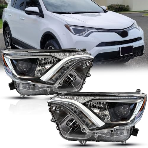 Pair North America Built Headlights Assembly set for 2016 2017 2018 Toyota RAV4 Replacement Projector Halogen front bumper Headlamps W/O LED DRL Chrome Housing Amber Reflector Clear Lens(LH&RH)