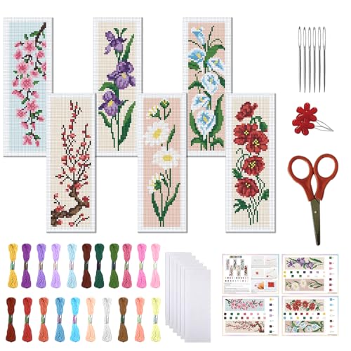 Image of FREEBLOSS 6 Set Cross Stitch Bookmark Kit 6-Colored Flowers Pattern Stamped Cross Stitch Kit 11CT Embroidery Kits with Instructions for Beginners Adult 20x6cm/8x2.4inch