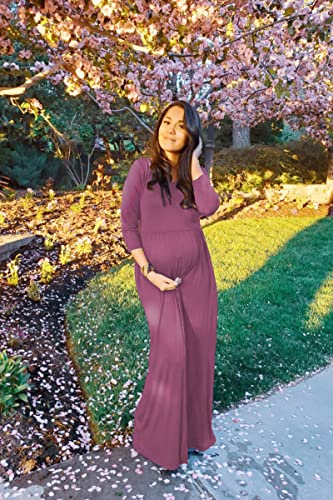 Image of WNEEDU Women's 3 /4 Sleeve Casual Loose Long Maxi Dresses with Pocket | Empire Elastic Waist, Crewneck, Floor Length, Soft Stretchy Flowy, Formal Dress, Wedding Wear, Solid Color and Prints