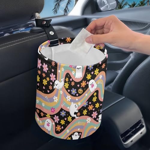 Image of Groovy Hippie Flower Car Trash Can, Kitchen Camping Trash Can,Waterproof Trash Can, Women's Car Accessories, Car Seat Back Use Car Interior Accessory Storage Bag