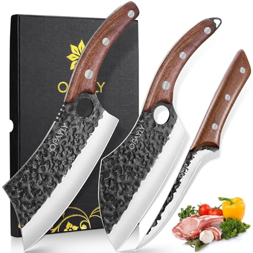 3PCS Hand Forged Butcher Knife Set Meat Cleavers, Serbian Chef Knife Viking Boning Knife High Carbon Steel Kitchen Knife for Meat Cutting, Outdoor BBQ Vegetable Camping, Gift for Men