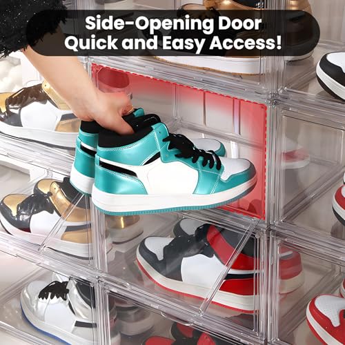 Image of NYZE 12 Pack Acrylic Shoe Boxes Side Open, Clear Shoe Box Plastic Stackable, Shoe Storage Organizer with Magnetic Door, Shoe Display Shoe Containers with Lids Fits Up to Size 15