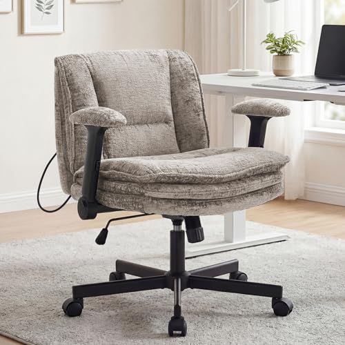 Image of Criss Cross Chair with Wheels, Upholstered Cross Legged Office Chair | Flip Arms, 3 Layer Cushions&Dynamic Airbag Lumbar Support, Wide Seat, Comfy Desk Chair for Home Office, Living Room