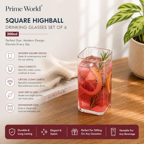 Image of PrimeWorld Square Highball Drinking Glasses Set of 6 (300ml) | Thin Glass Tumblers for Water, Wine, Cocktails, Coffee & Milk | Lead-Free, Dishwasher Safe Bar Glassware