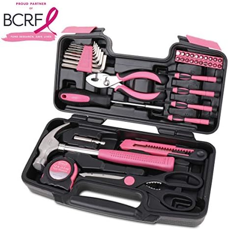 Apollo Tools Original 39 Piece General Household Tool Set in Toolbox Storage Case with Essential Hand Tools for Everyday Home Repairs, DIY and Crafts - Pink Ribbon - DT9706P - 3