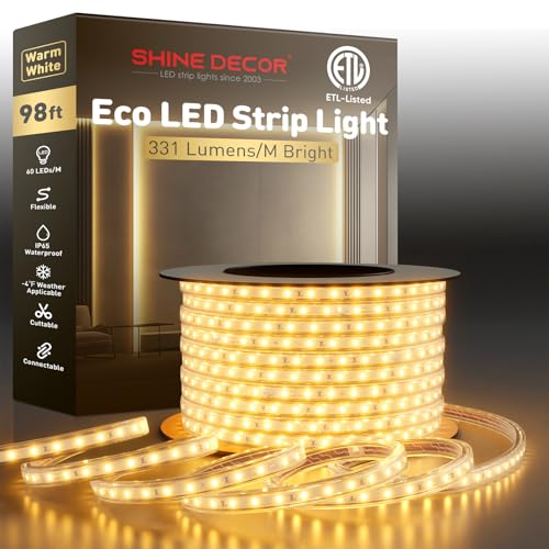 Image of Shine Decor LED Strip Light Easy Connectable, 2800K Warm White Cold Resist Weatherproof Plug-in for Indoor Outdoor, 101 LM /FT Dimmable Bright Eco Rope Lighting 98FT, 120V Whole Set ETL Listed