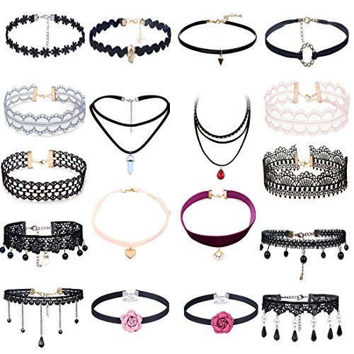 MingJun Vintage Lace Tattoo Choker Set Gothic Stretch Elastic Punk Velvet Colliers pour Femmes Filles (Paquet de 18)