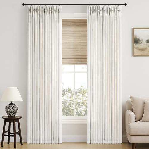 90 inch Pinch Pleated Linen Curtains for Living Room Bedroom Natural Ivory Birch Boho Country Thick Linen Textured Light Filtering Pinch Pleat Drapes Back Tab Semi Sheer Window Curtain 2 Panels