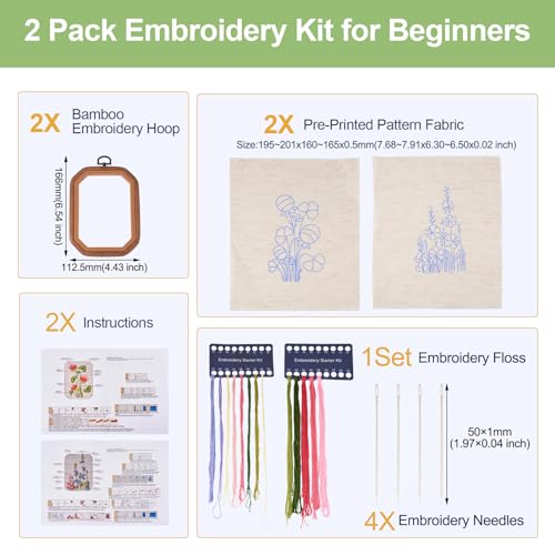 Image of Magibeads 2 Sets Flower Patterns Embroidery Starter Kit for Beginners Hand Embroidery Kit with Embroidery Hoop Floss Fabric Instruction Cross Stitch Kits for Adults Gifts