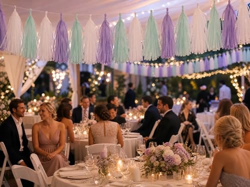 Image of Dusty Sage Green Purple Lavender Party Decorations Paper Tassel Garland Banner Streamers Wildflower Fairy Birthday Baby Shower Wedding Bachelorette Tea Party Nursery Wall Hanging Decor