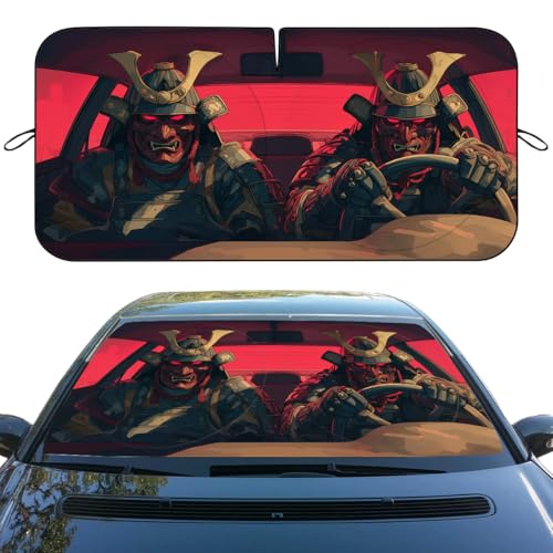 Japanese Samurai Car Window Sun Shield Anime Oni Mask Neon Cyberpunk Front Window Sun Shade Block UV Rays Sun Shade Visor Protector for Car Sedan Truck SUV Accessories 59 L x 31.5 W