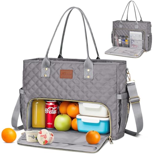 KKXIU Lunch Tote Bag for Teacher & Nurse, 15.6 Inch Laptop Tote with Insulated Lunch Box Pocket for Women - Grey