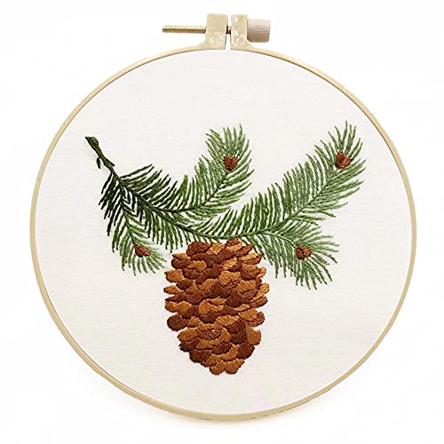 Plancholo Christmas Embroidery Kit for Beginner Cross Stitch Kit for Adults, Printed Embroidery Starter Kit Crafts with Stamped Pattern Embroidery Hoops Floss Thread Needles(Christmas Pine Cones)