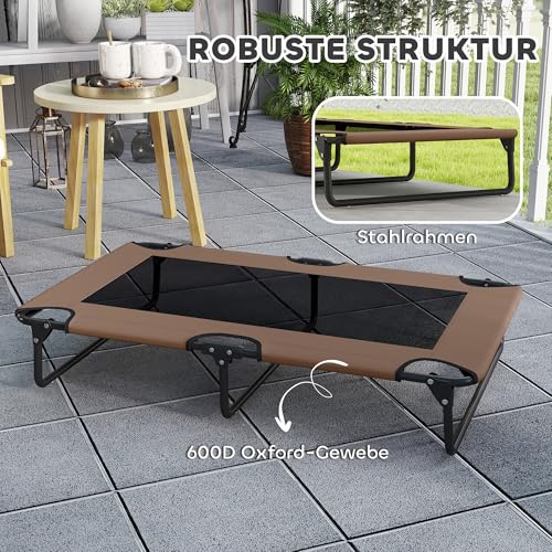 PawHut Hundeliege Outdoor, Erhöhtes Hundebett für große Hunde, klappbar Haustierliege mit Mesh Stahlrahmen Füßen, Haustierbett für Draußen Camping, 107x61x20 cm, Kaffee