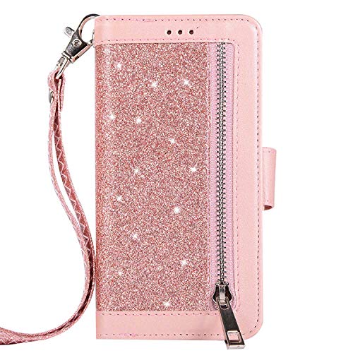 iPhone 7/8 Hülle Flip Glitzern Handyhülle Magnetisch Schutzhülle, Brieftasche Kartenfach Geldklammer Standfunktion für Apple iPhone 7/8 - Rose
