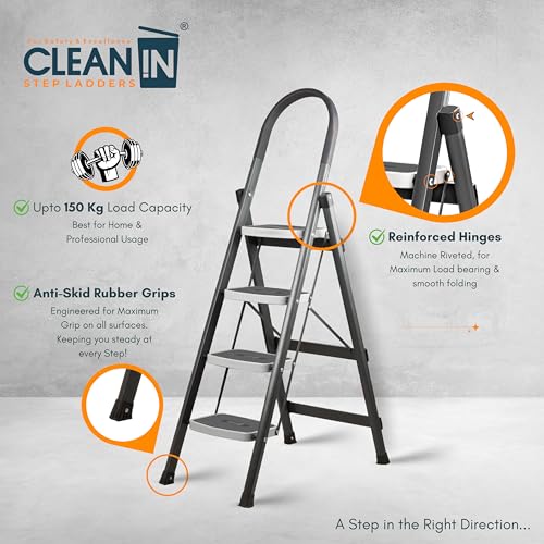 Image of CLEAN IN 4 Step Premium Foldable Household Steel Ladder ~ for Home, Garage, Kitchen. Wide & Anti-Skid Steps, 150 kg Load Capacity, Reinforced Hinges ~ (Shades of Grey)