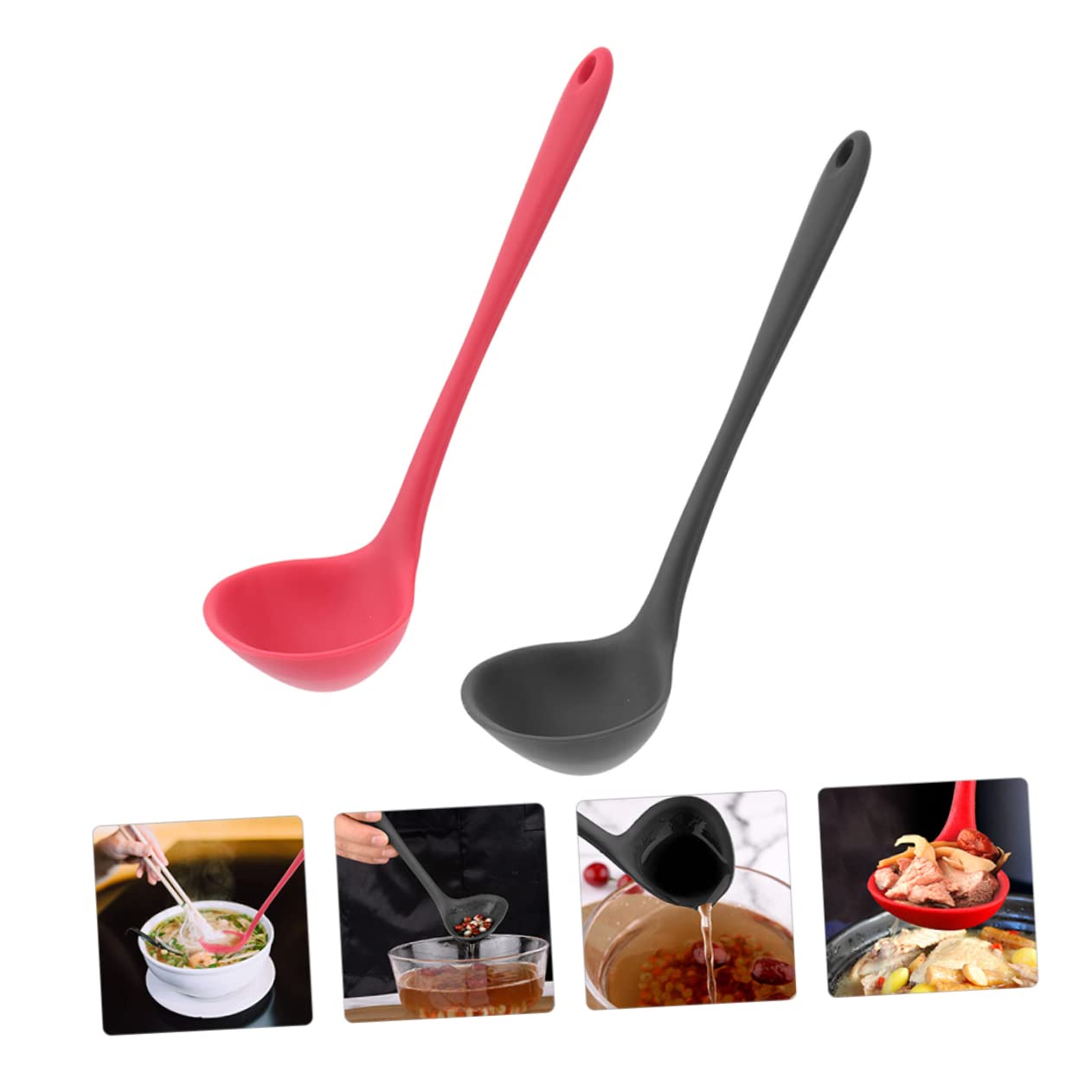SOLUSTRE 2Pcs Silicone Soup Spoon Long Handle Non Stick Kitchen Utensils Ergonomic Design for Comfortable Cooking for Home Use Housewarming Colors