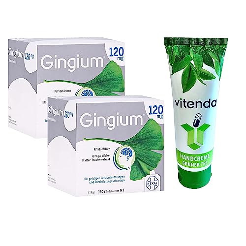 Gingium 120mg Filmtabletten 2x120Stk inclusive einer Handcreme von vitenda - Zum Erhalt der geistigen Leistungsfähigkeit und bei Ohrgeräuschen