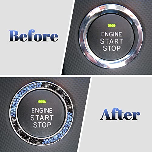 Image of ToBeQueen Light Blue Push Start Button Cover Interior Decoration, Crystal Diamond Rhinestone Blue Car Ring Stickers, Women Bling Car Accessories,Light Blue and Black
