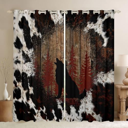 Homewish Cortinas de ventana de caza de lobos de 52 x 90 pulgadas, juegos de 2 paneles, cortinas opacas de cuero vacuno con estampado de vaca, animales salvajes, cortinas rústicas para cabaña para